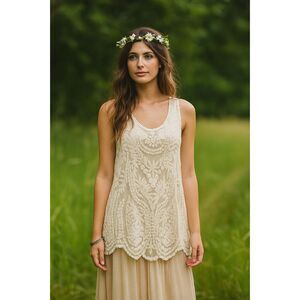 cottage core boho fairy summer tank top Cream all over lace sheer floral size M